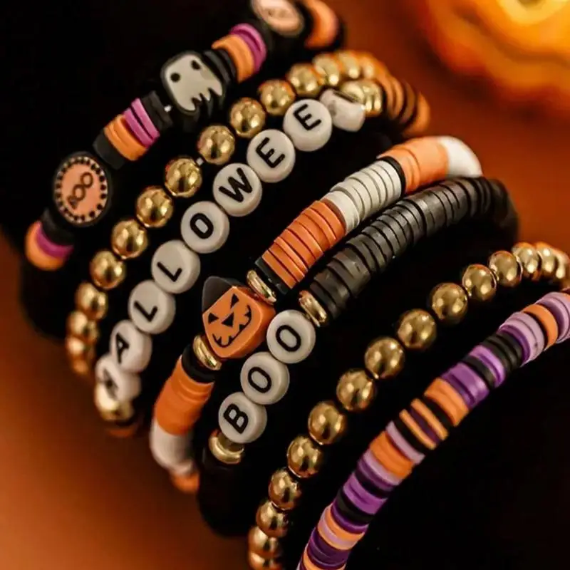 7Pcs Halloween Stackable Beaded Bracelet Set Pumpkin Ghost Charms Gold Accents Perfect Halloween Party Costume Gift For Women
