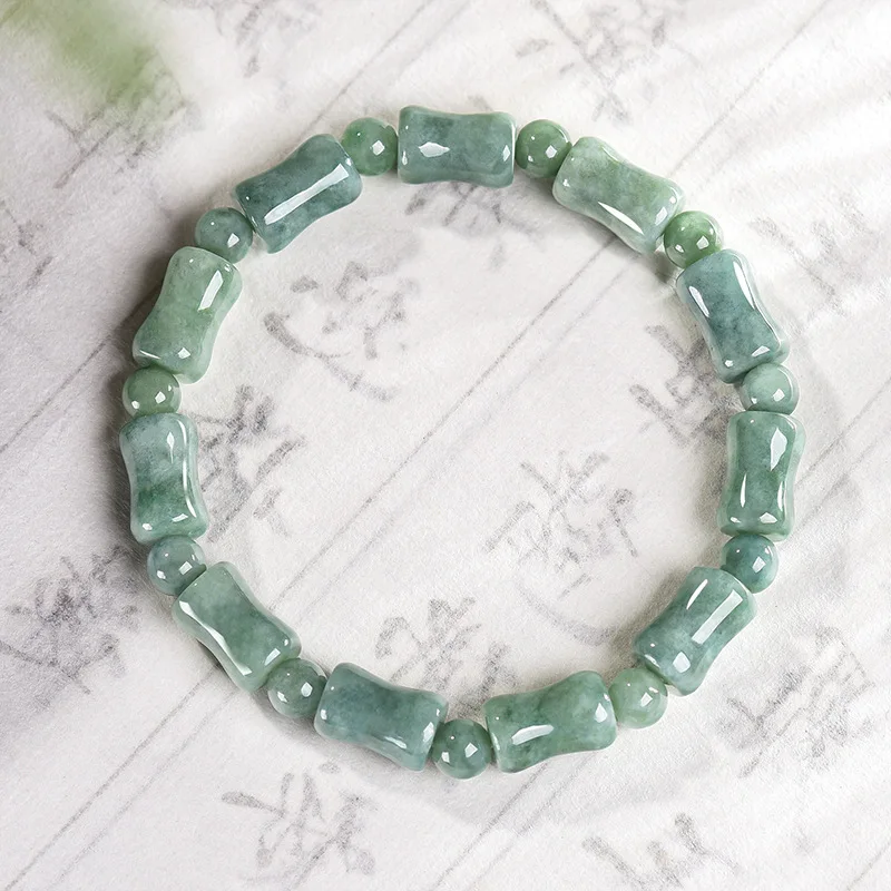 Natural A-grade Jadeite Green Bean Variety Bracelet - Bamboo Section Design Rising Step by Step Bucket Bead Jade Jewelry