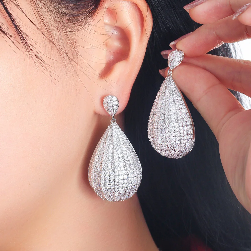 ThreeGraces Luxury Micro Pave Cubic Zirconia Silver Color Long Dangle Earrings for Women 2023 New Fashion Party Jewelry E1175