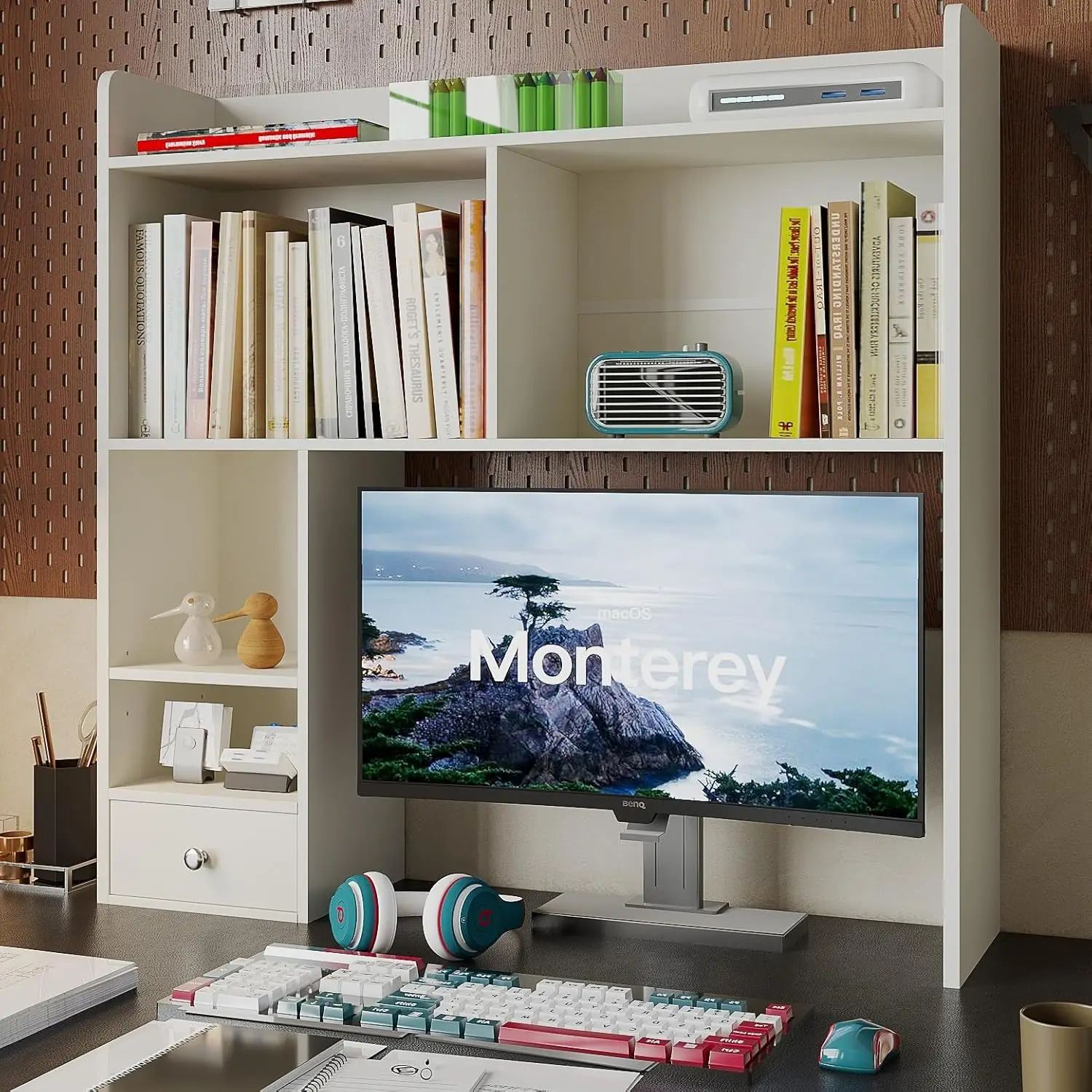 

Desktop Bookshelf, 36.4" Tall Countertop Desk Hutch with 5 Shelves and 1 Drawer for Computer Desk, Desk Shelf Organizer