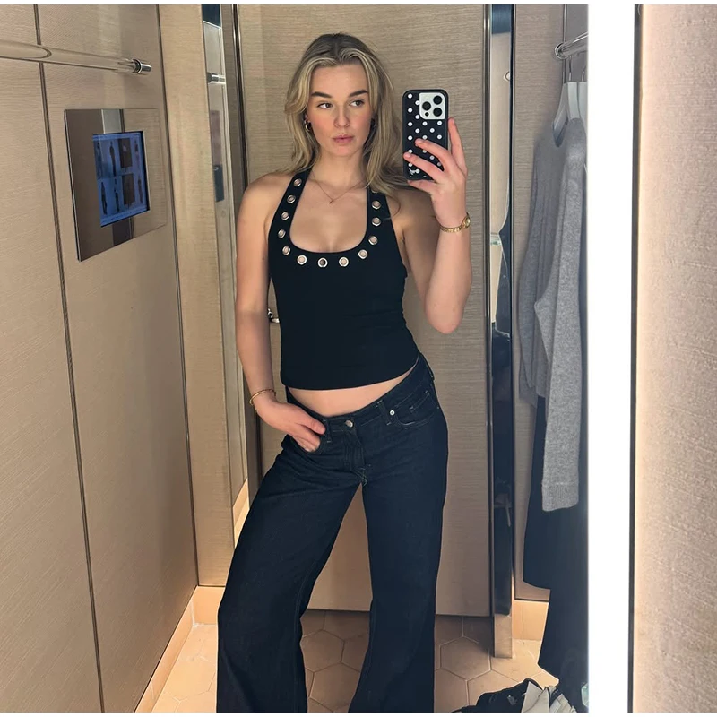 Hohle, ausgeschnittene Neckholder-Cropped-Tops und Hosen, 2-teilige Sets, sexy, ärmellos, rückenfrei, schmal geschnittenes Top, weit geschnittene Hosen, schicke Damen-Outfits, neu – Detail 10