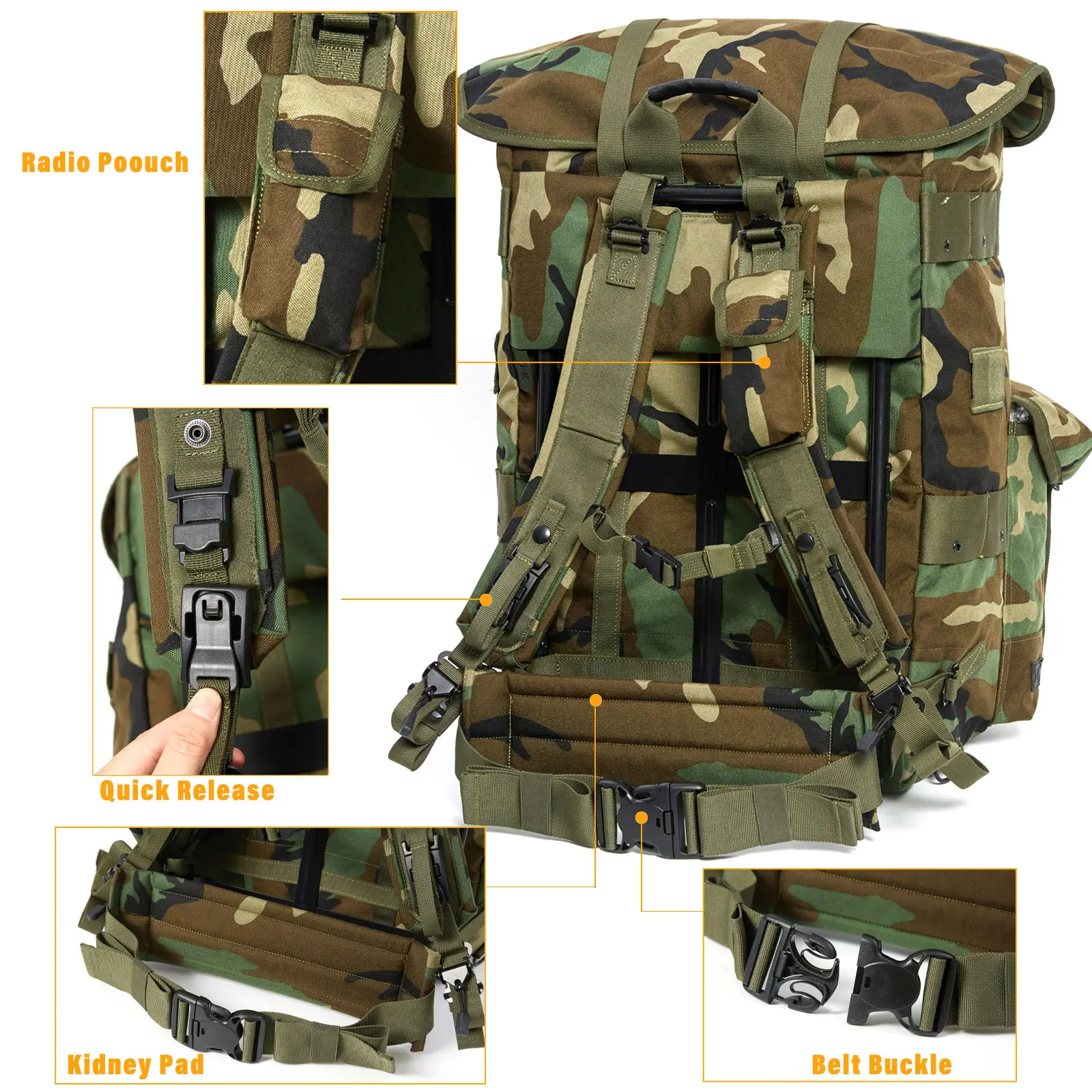 MT Military Alice Large Pack Army Survival Combat ALICE Rucksack Tactical Assault Backpack with Frame Woodland Flecktarn Camo