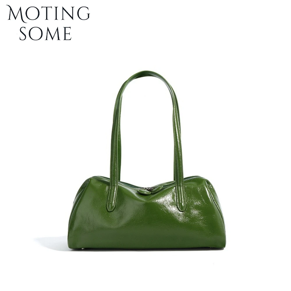 Motingsome Green Bags Retro Women Bag Luxury Oil Wax Cowhide Leather Handbag Vintage Boston Pillow Purses Lady Daily Purses 2024