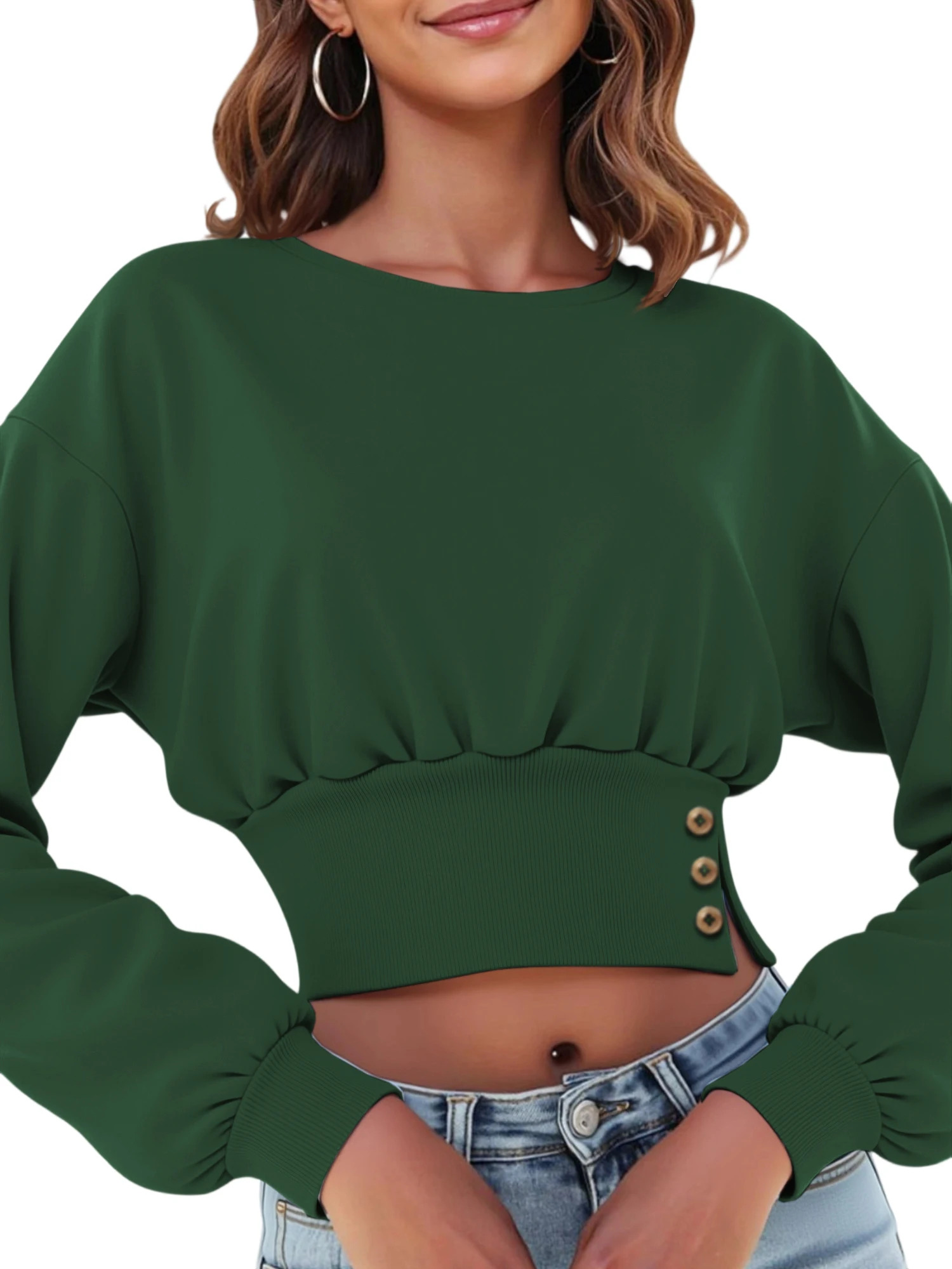 

Women Fashion Streetwear Cropped Sweatshirt, Crew Neck Long Sleeve Pullover With Side Buttons, Spring Autumn Basic Tops