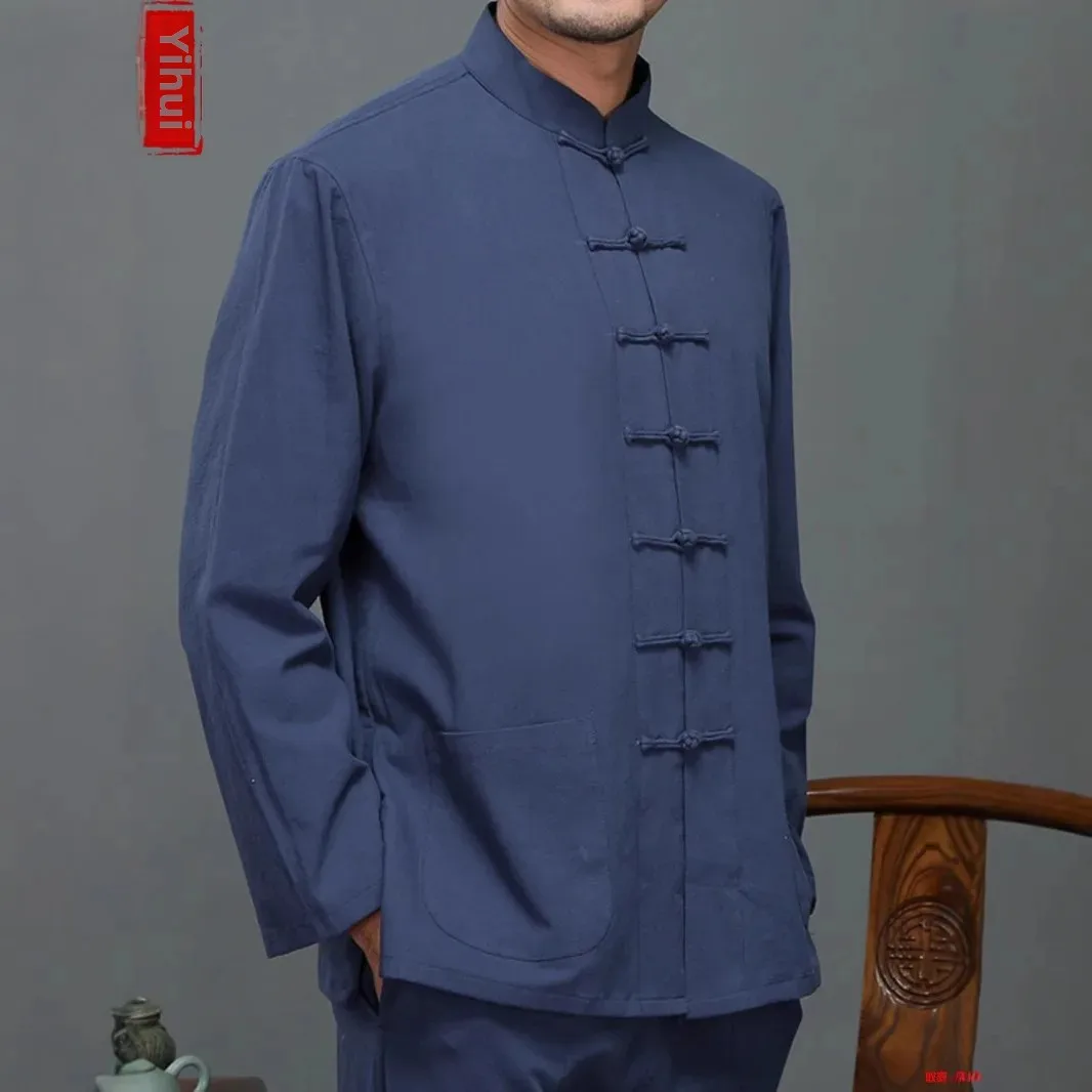 قميص رجالي فضفاض بأكمام طويلة على الطراز الصيني بأزرار حتى ملابس هانفو التقليدية غير الرسمية ملابس ربيعية عصرية للرجال المسنين #4