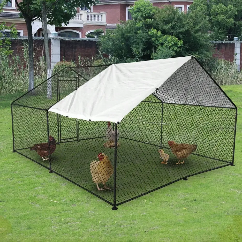 

9.8x9.8 Walk-in Metal Chicken Coop Poultry Cage Pet House w/ Chicken Run Cover