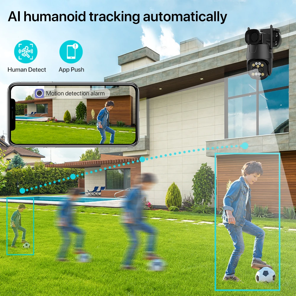 Telecamera IP Wifi/4G Sim Card PTZ 4MP 8MP Dual Lens 2.8mm-8mm 10X Zoom Outdoor AI Human Tracking telecamera di sicurezza per visione notturna a