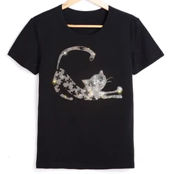 T-Shirt Womem Short Sleeve For Summer 2022 New Lovely Cat Printing Rhinestons Top Oversized t-shirt Graphic Female Tee