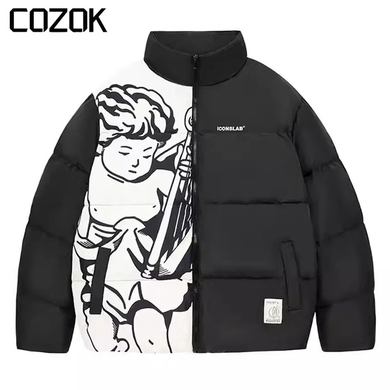 

Winter Warm Parkas Jacket Men Women Patchwork Angel Print Thick Zipper Stand Collar Padded Jacket Loose Casual Coat Unisex 2023