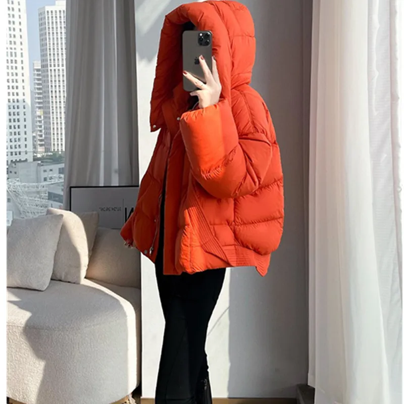 Orange Hooded Thick Down Jacket Women's 2025 Winter New Korean 90 White duck down Warm Coat Female Loose Short Casual Outwear