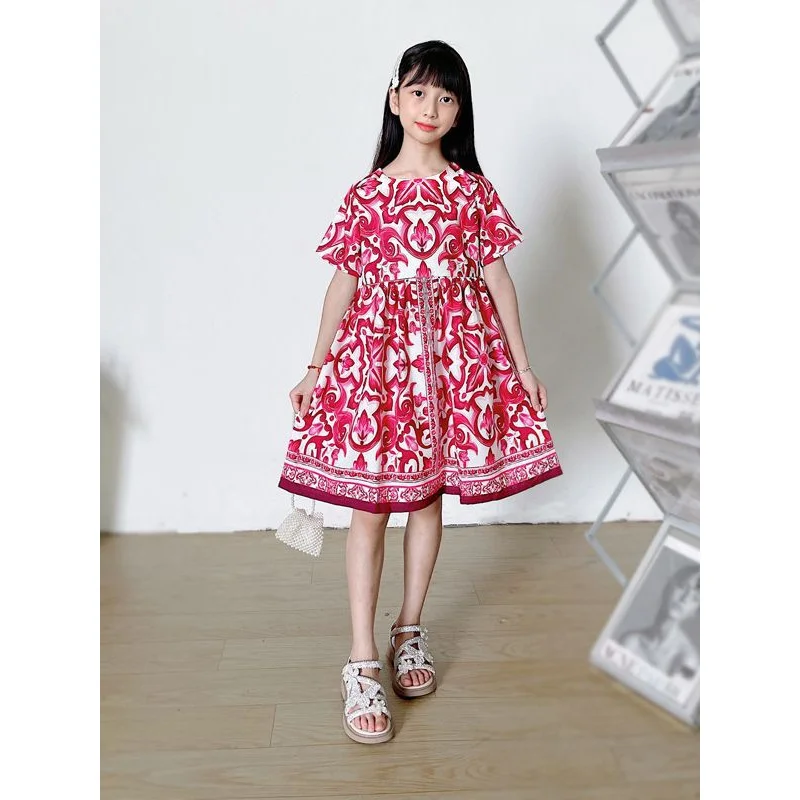 

D's 2023 New Children's Dress Summer Clothes Girls' Blue and White Glazed Red Short Sleeve Skirt Shirt Dress European and A