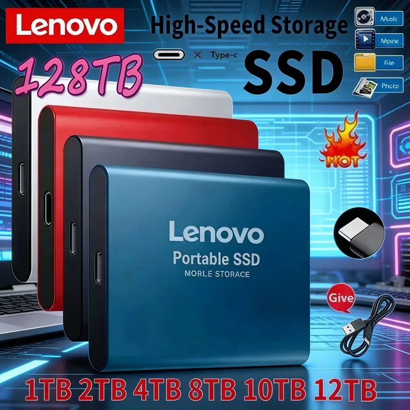 

Внешний твердотельный накопитель Lenovo 1 ТБ, высокоскоростной жесткий диск 2 ТБ, портативный SSD USB 3.1 256 ТБ, 128 ТБ для ПК/ноутбука/Mac/телефона