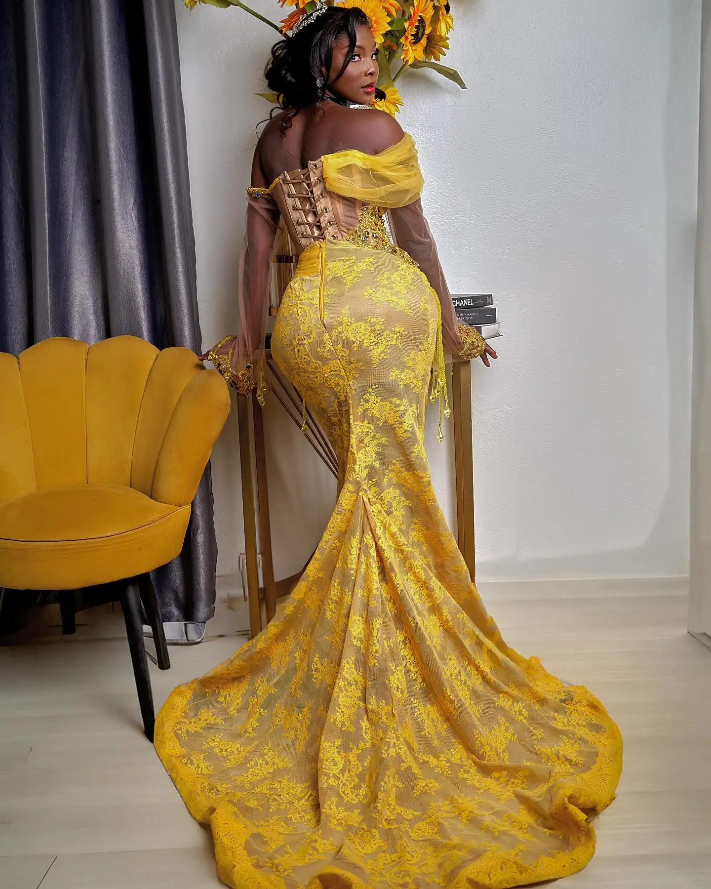 Real Photos African Yellow Lace Prom Dresses Colorful Crystals Beaded Tassels Aso Ebi Wedding Party Dress Black Girl Formal Gown