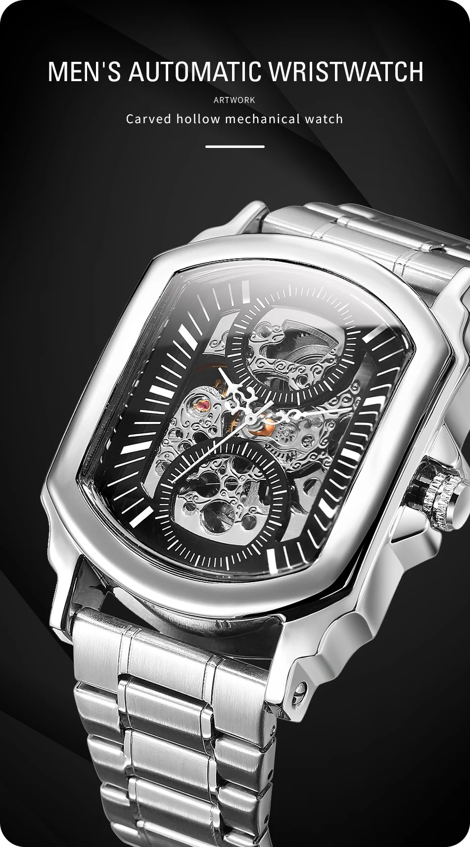 T-WINNER Luxury Durable Man Watch Skeleton Carve Automatic Mechanical Dual Circles Stainless Steel Waterproof Racing Sport Watch