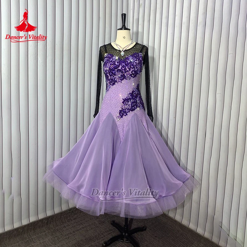 

Round Collar Adult Foxtrot Waltz Mesh Splicing Big Swing Dresses Custom Dancer's Vitality Female Social Dance Contest Clothing