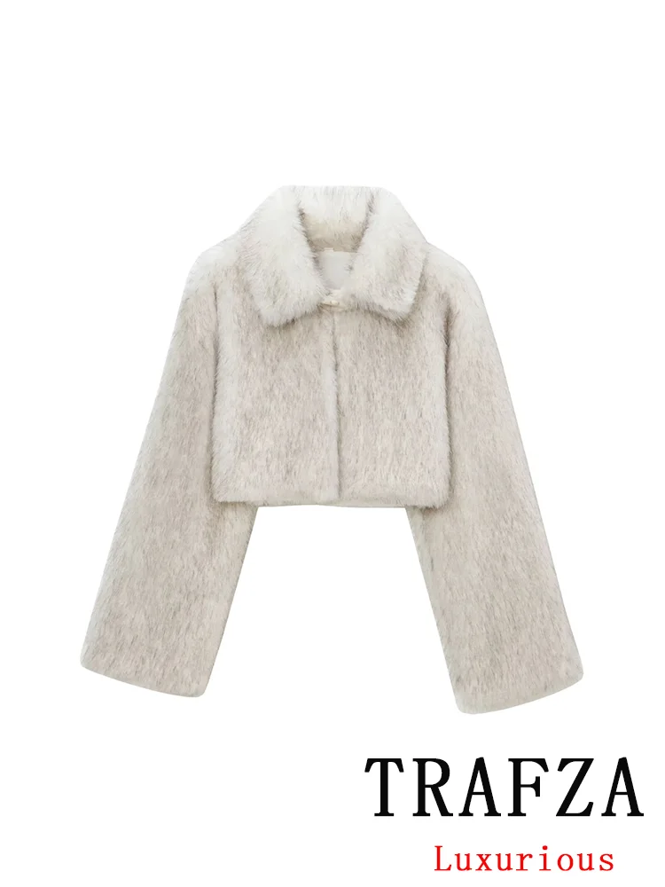 TRAFZA Vintage Chic Women Fur Jackets Solid Long Sleeve Turn-down Collar Short Coats New Fashion 2024 Autumn Winter Outwears