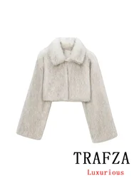 TRAFZA Vintage Chic Women Fur Jackets Solid Long Sleeve Turn-down Collar Short Coats New Fashion 2024 Autumn Winter Outwears