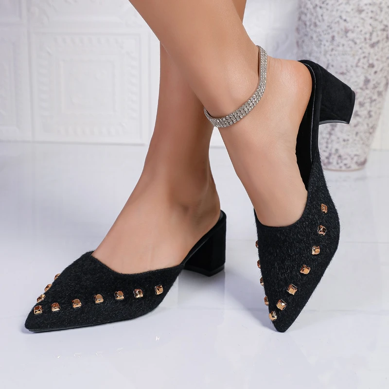 

2026 semmer new Shoes High Heel Black Mules Slides Women's Slippers Ladies Sandals Pointed Toe Luxury