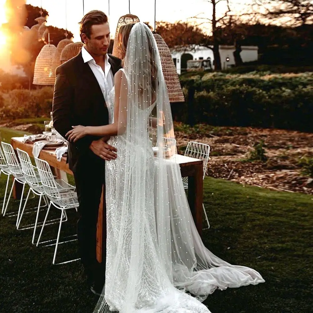 Voile de Mariage avec Perles et Peigne, 100% Fait à la Main, Accessoires de Mariage, 3m, de Luxe, Élégant