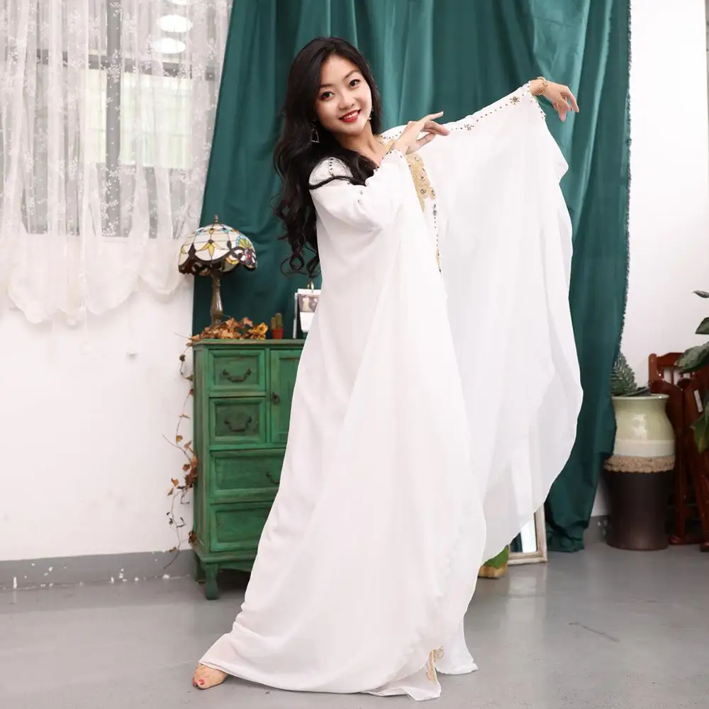

Traditional Khaleeji Thobe Dress White/gold Belly Dance Clothes Kaftan Dress Rhinestone Beads Competition Khaleegy Costume