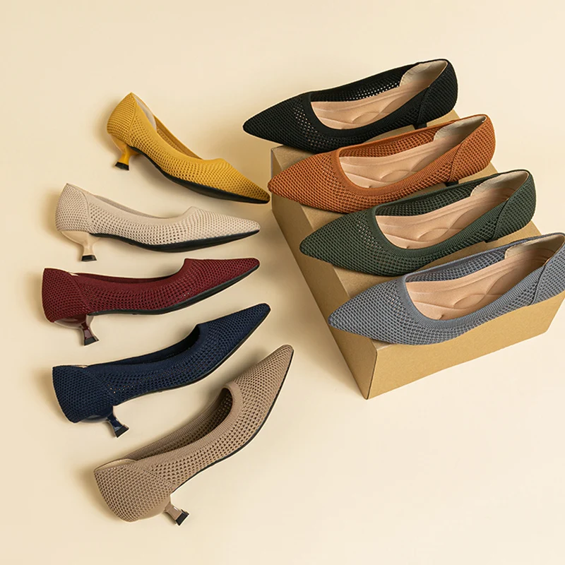Zapatos de tacón alto para mujer, calzado puntiagudo de malla transpirable, suela de goma antideslizante, suave y ligero, a la moda, novedad de