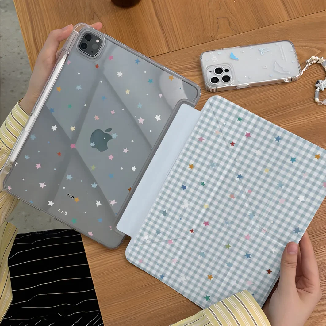Korean Blue Plaid Creative Cartoon Colorful Stars Cute For iPad Case iPad 10 9 8 7 Air 5 4 3 2 Pro 11 Mini Y-Fold Tri Fold Cover