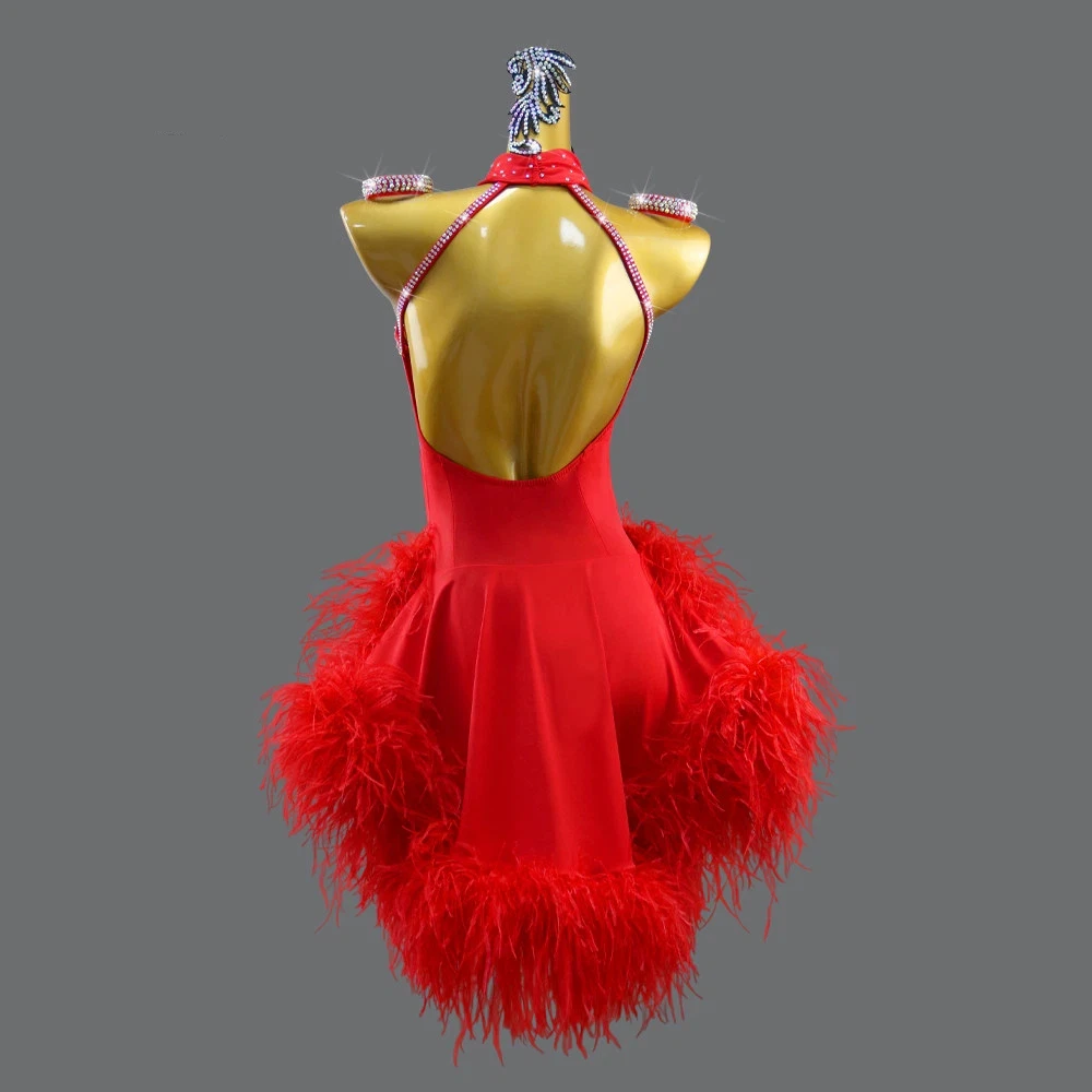 2026 Professional Red Latin Dance Feather Skirt Advanced Dance Competition Performance Costume Sexy Flower Costume Customization
