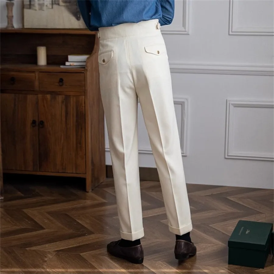 FJSpring-Pantalon plissé taille haute pour homme, vêtement de bureau, couleur unie, style streetwear