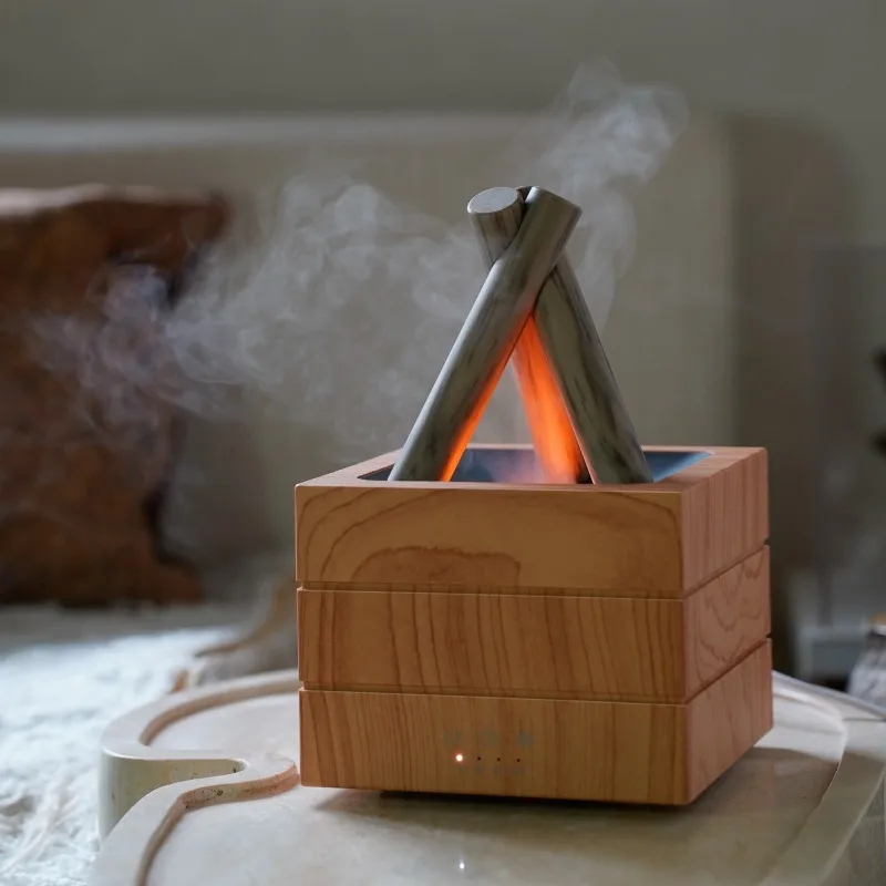 Large Capacity Wood Grain Incense Burner Humidifier Colorful Flame Mist Atmosphere Lamp for Home Office Bedroom