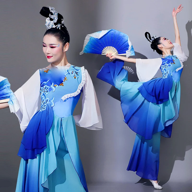 ele-women's-dance-performance-costume-fan-handkerchief-set-traditional-ethnic-stage-outfit-lightweight-chiffon-skirt