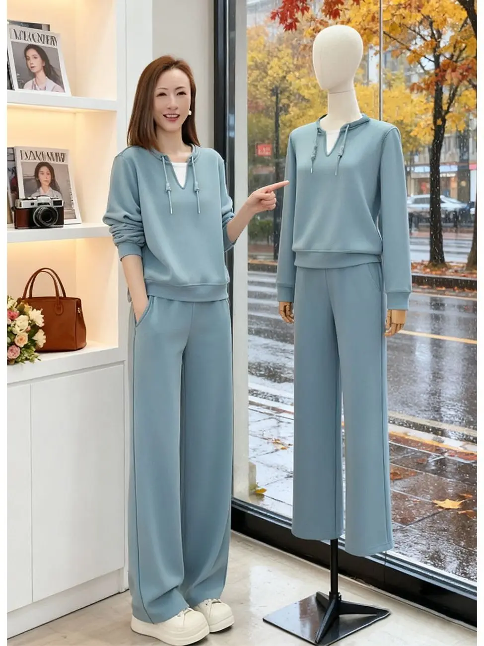

Casual Sportswear Style Color Block Hoodie Wide Leg Pants Two Piece Set Women's Spring New Fashion Personality Fake Two-Piece