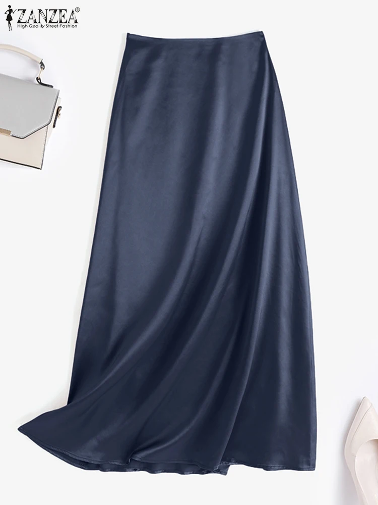 2025 ZANZEA Elegant Satin Silk Long Skirts Women Stylish High Waist Work Skirt Casual Solid Faldas Saia Female OL Jupe Oversize