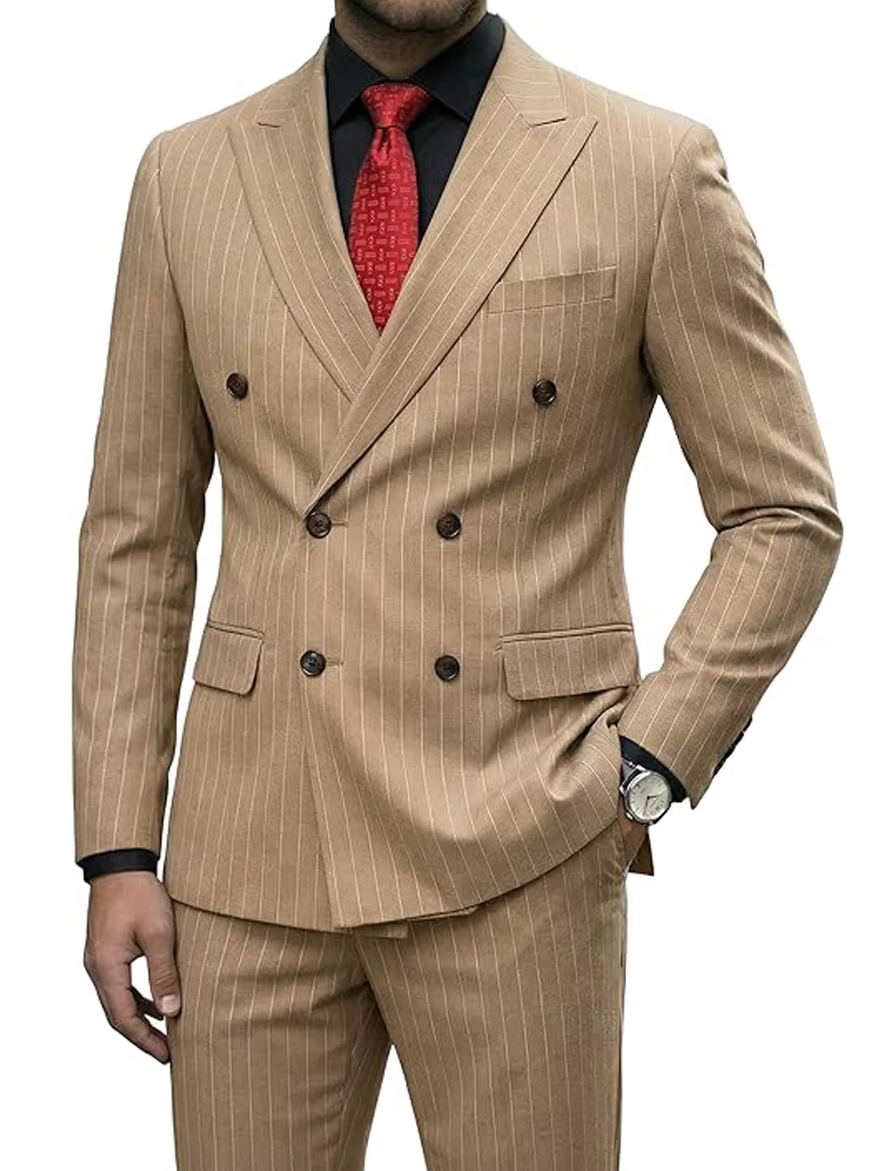 

Classic Men's Striped Suits Peak Lapel Double Breasted 2 Piece Blazer+Pants Slim Fit Formal Business Jacket Tuxedos for Wedding