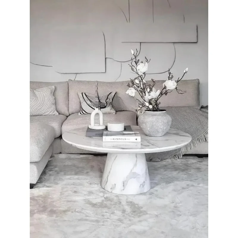

French large white marble light luxury retro designer cream wind round coffee table8578