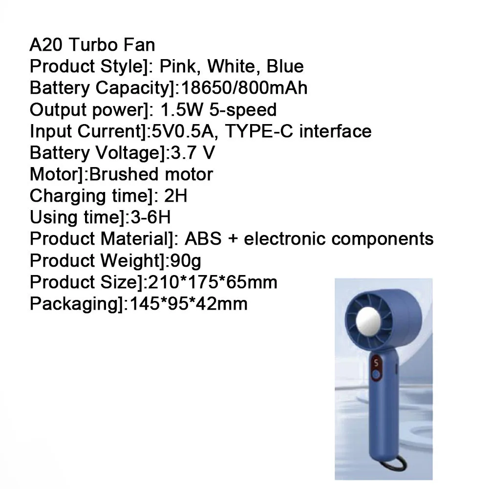 Mini ventilateur turbo rotatif portable, câble USB, bleu, moteur brossé, refroidissement, batterie de grande capacité, rose, petit ventilateur à air