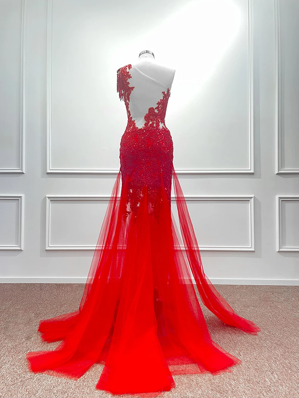 Prom Dresses Floor-length Red Long Mermaid One Shoulder Tulle Lace Prom Dress Sequined Sleeveless Formal Occasion Dresses