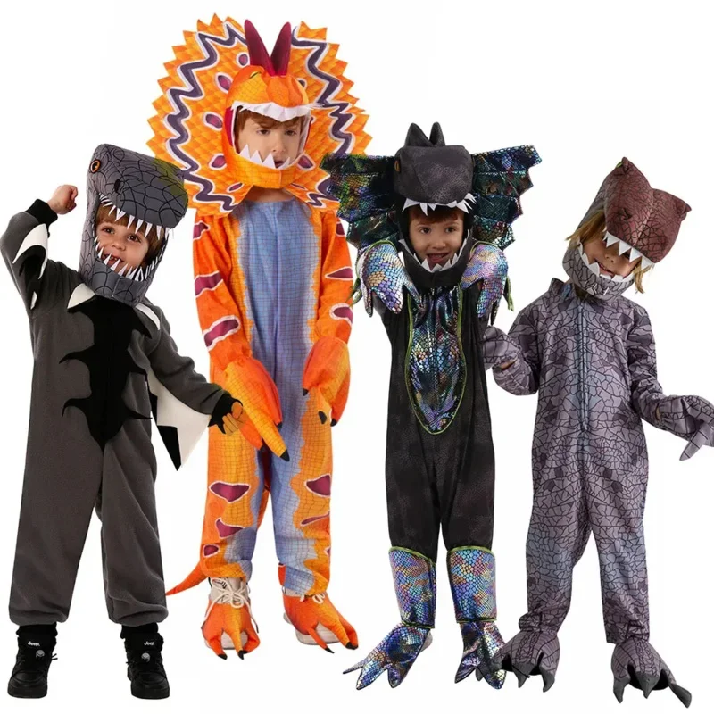 Cute Kids Dinosaur Costume Cosplay Cartoon Orange Dilophosaurus Costume Boys Child Jumpsuit School Party Student Role Play Suit