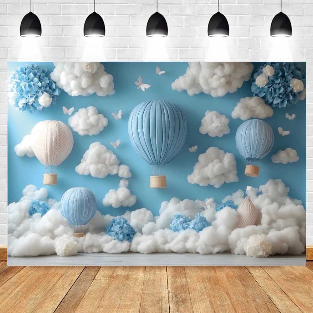 Fondo de 1er cumpleaños para recién nacido, globos, pared azul, nubes blancas, cielo, Luna, estrellas, retrato de Baby Shower, decoración de fondo para fotografía