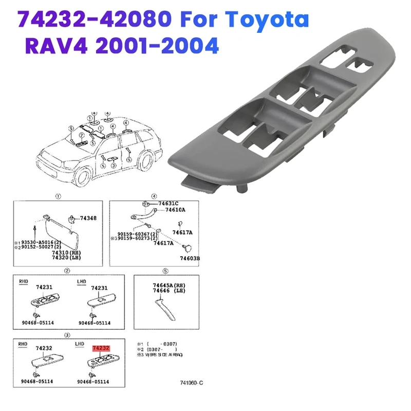 Left Front Armrest Upper Panel 74232-42080-B0 For Toyota RAV4 2001-2004 Window Lift Switch Bezel Trim Cover 7423242080