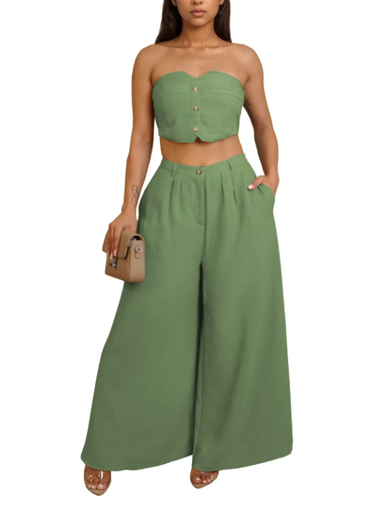 

Women's Casual Solid Color Button Front Bandeau Top and High Waist Wide Leg Pants 2pcs Set