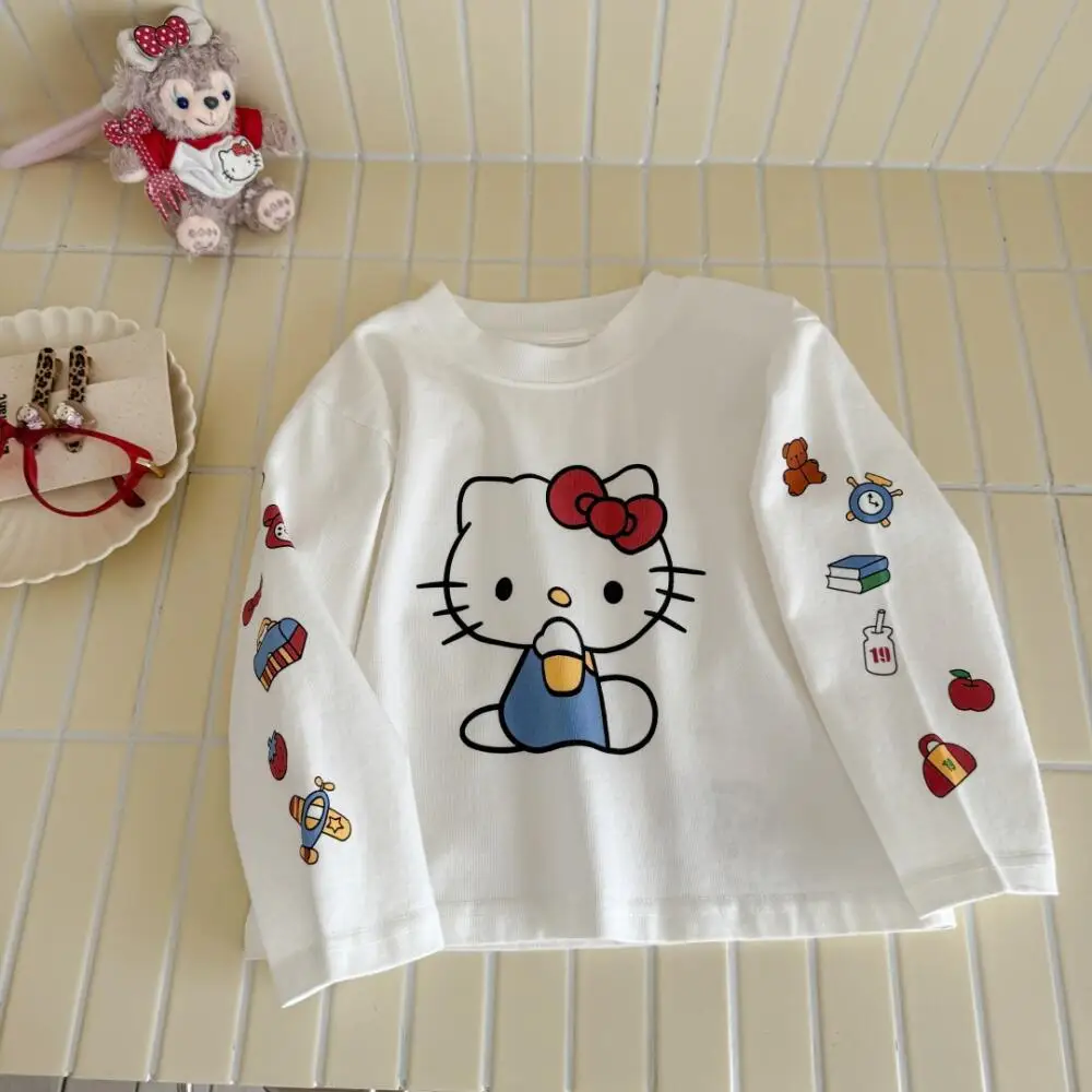 

Футболка Sanrio Hello Kitty, весна-осень, новая хлопковая базовая рубашка с длинными рукавами, модный универсальный топ с милым мультяшным принтом Kt Cat для девочек