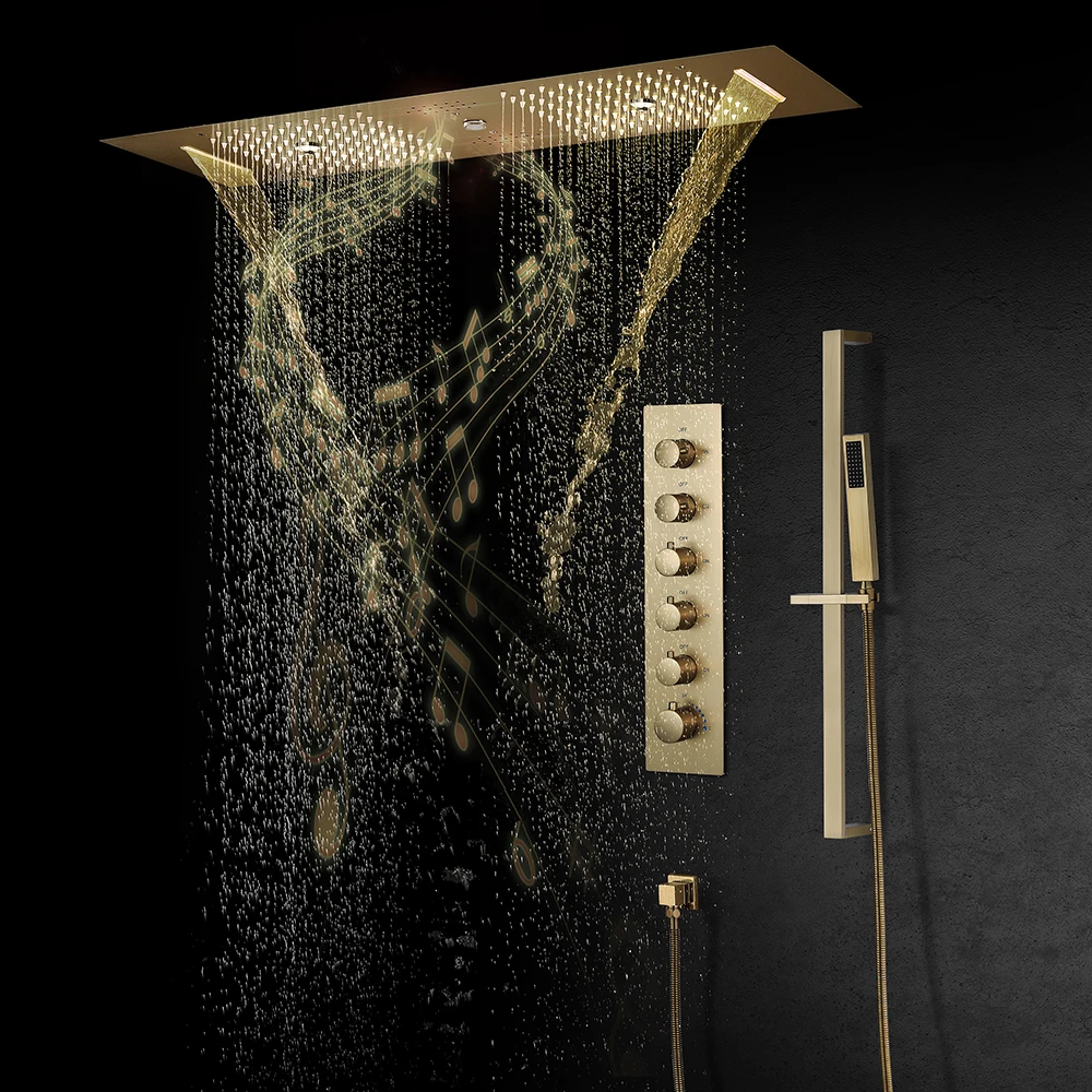 

Luxury Brushed Gold Shower Faucets Set Thermostatic LED Shower Systems Bathroom Embeded Ceiling Rain Large Flow Rate Showerheads