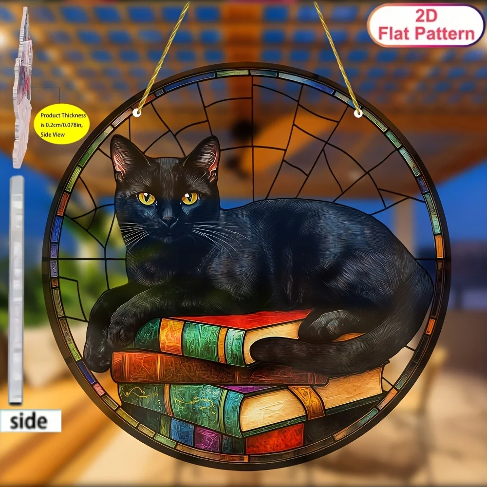 2D flat Antique Black Cat Sunshine Catcher - 20.32 cm Acrylic Window Hanging with Stained Glass Style - Animal Theme Decoration,