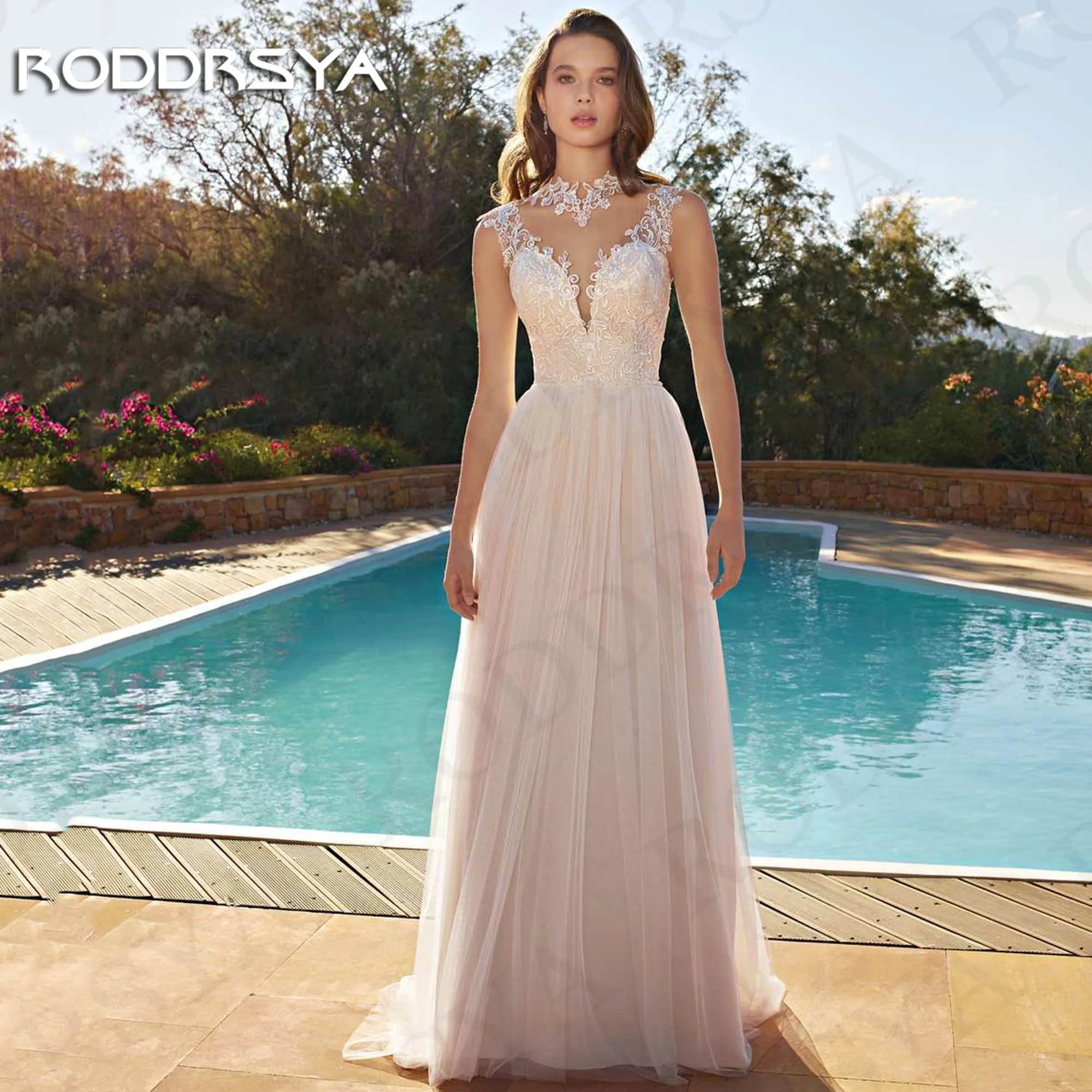 RODDRSYA Beach Illusion Back abito da sposa Sheer o-collo Appliques di pizzo Vintage abiti da sposa senza maniche una linea Spiaggia Illusione indietro Abito da sposa velato O-Neck  Abiti da sposa vintage in pizzo con