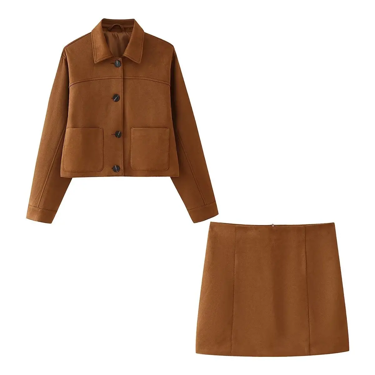 

Lapel Single Breasted Brown Retro Short Jacket And Short Skirt Two Piece Set Coat + Zipper Skirt Winter Autumn Fashion Women Set