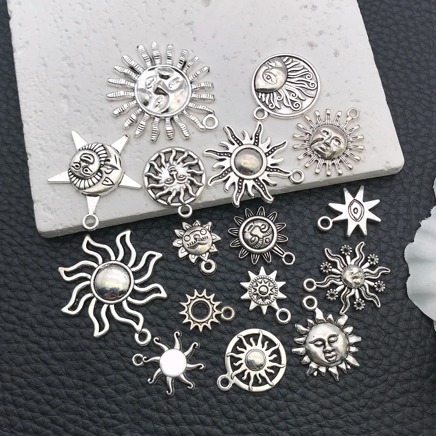 16/20pcs Antique Silver Celestial Series Set (Sun/Stars/Moon) - Perfect for Crafting Necklace, Bracelet & Earring Accessories.