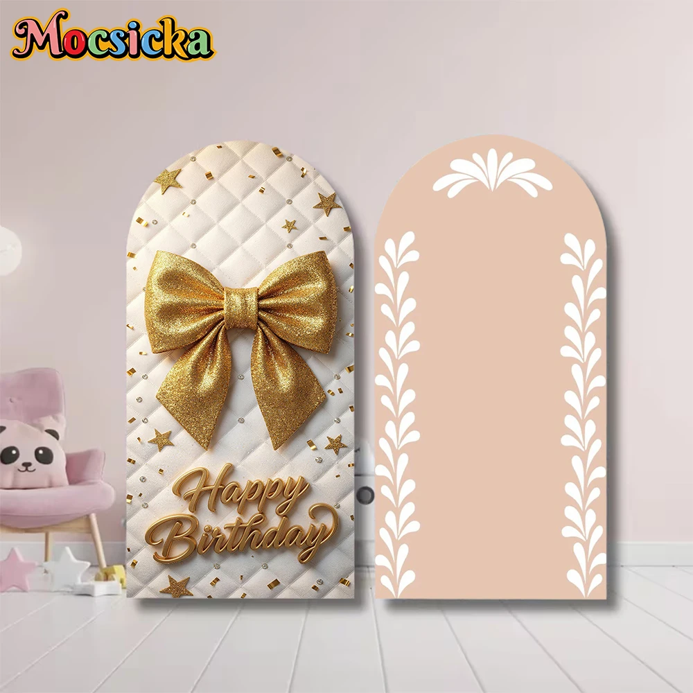 

Mocsicka Happy Birthday Arch Backdrop Cover Soft Double-Sided Golden Bow Arched Background Baby Shower Party Decors Studio Props