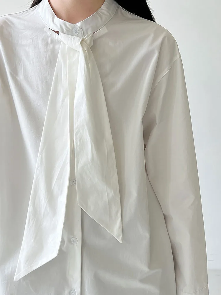 WHTREND Camicia in tinta unita con cravatta design stile coreano per donna 2025 Nuova camicia casual allentata elegante WH1726