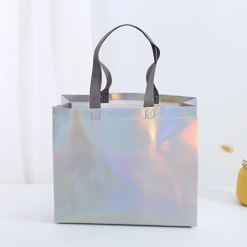 6pcs Laser Silver Tote Bags Rose Gold Grocery Bag Reusable Gift Bag Waterproof Non Woven Shopping Bag Wedding Gift Packing Bag