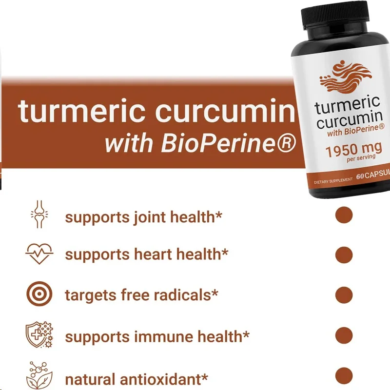 95% nutrientes de curcumina, 1950 mg por porção. Suplemento de cúrcuma de alta qualidade com 60 cápsulas de alta absorção Bioperine